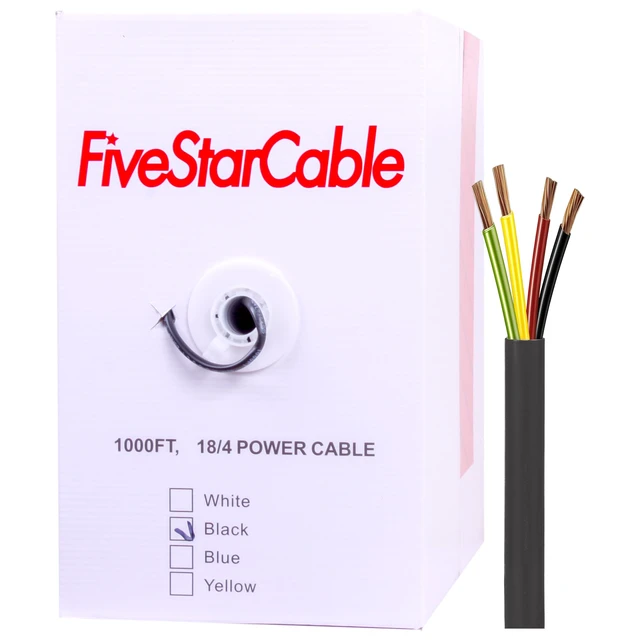Main image of 18/4 Gauge Low Voltage 4 Conductors Stranded Cable Wire - 1000 ft, 18 AWG, PVC Jacket - for Security Systems, Alarm, Audio, Control, Intercom, and Speaker Applications (Black, 18-4)