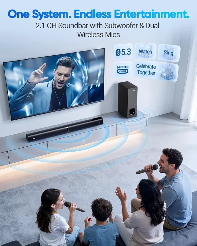 Alt view image 2 of 7 - Soundbar with Subwoofer for TV, Home Theater Bluetooth 5.3 Speaker System with 2 Wireless Karaoke Mics, Surround Sound Audio with HDMI ARC, Optical, AUX, USB for Movie, Music, Family Party(Peak 240W)