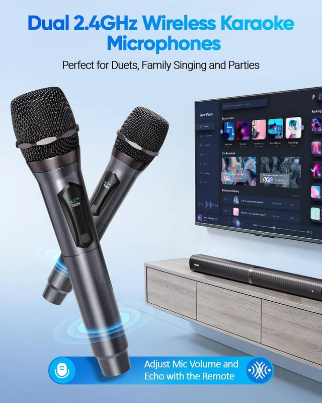 Alt view image 5 of 7 - Soundbar with Subwoofer for TV, Home Theater Bluetooth 5.3 Speaker System with 2 Wireless Karaoke Mics, Surround Sound Audio with HDMI ARC, Optical, AUX, USB for Movie, Music, Family Party(Peak 240W)