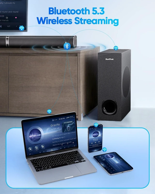 Alt view image 7 of 7 - Soundbar with Subwoofer for TV, Home Theater Bluetooth 5.3 Speaker System with 2 Wireless Karaoke Mics, Surround Sound Audio with HDMI ARC, Optical, AUX, USB for Movie, Music, Family Party(Peak 240W)