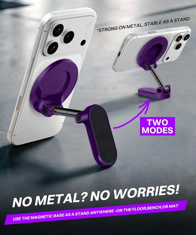 Alt view image 5 of 7 - Magnetic Phone Holder for Gym,Adjustable Tripod Mount Ring Purple Gym Magnetic Phone Holder, Portable Phone Mount to Metal Surface,Gym Accessories for Workout Recording for iPhone and Android