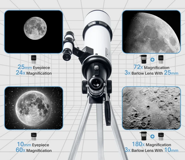 Alt view image 3 of 7 - Telescope for Adults, 80mm/600mm AZ Refractor for Beginners High-power 80mm AZ refractor for adults and beginners, with Barlow lens, phone adapter, wireless remote and carry bag