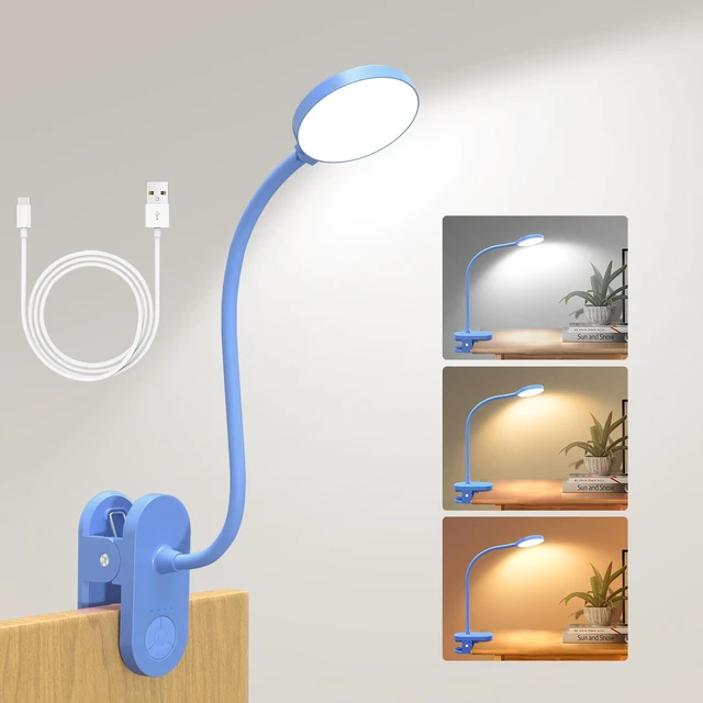 Main image of Cordless Clip on Reading Light, Rechargeable LED Book Lamp for Kids, Flexible and Dimmable Clamp Light with 3 Color Modes & 10 Brightness for Students Dorm Room Desk Bunk Bed Headboard (Blue/3.5'')