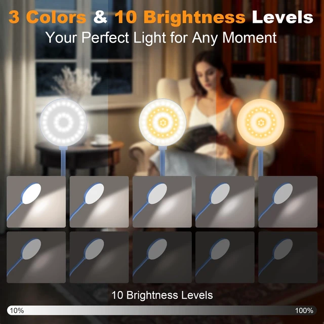 Alt view image 2 of 7 - Cordless Clip on Reading Light, Rechargeable LED Book Lamp for Kids, Flexible and Dimmable Clamp Light with 3 Color Modes & 10 Brightness for Students Dorm Room Desk Bunk Bed Headboard (Blue/3.5'')