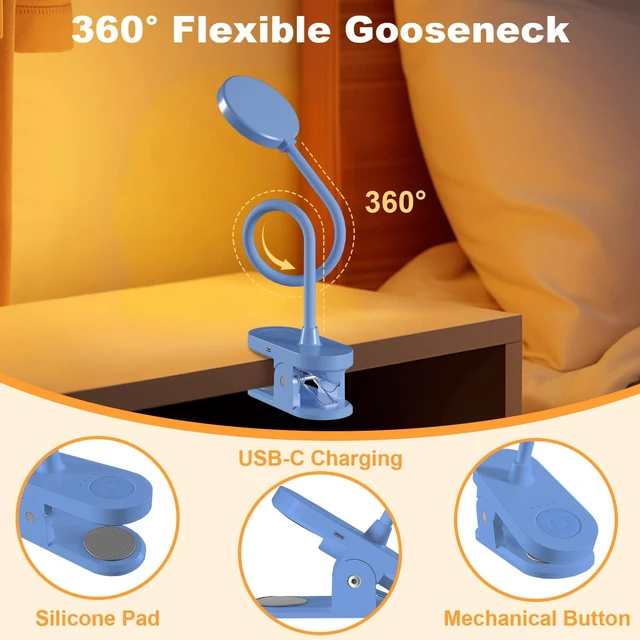 Alt view image 3 of 7 - Cordless Clip on Reading Light, Rechargeable LED Book Lamp for Kids, Flexible and Dimmable Clamp Light with 3 Color Modes & 10 Brightness for Students Dorm Room Desk Bunk Bed Headboard (Blue/3.5'')