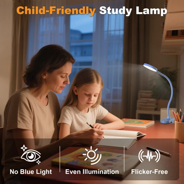 Alt view image 5 of 7 - Cordless Clip on Reading Light, Rechargeable LED Book Lamp for Kids, Flexible and Dimmable Clamp Light with 3 Color Modes & 10 Brightness for Students Dorm Room Desk Bunk Bed Headboard (Blue/3.5'')