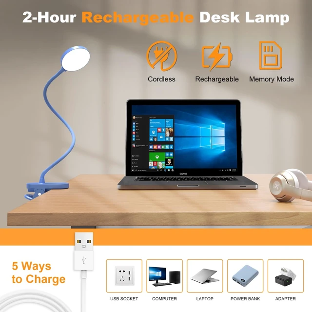 Alt view image 4 of 7 - Cordless Clip on Reading Light, Rechargeable LED Book Lamp for Kids, Flexible and Dimmable Clamp Light with 3 Color Modes & 10 Brightness for Students Dorm Room Desk Bunk Bed Headboard (Blue/3.5'')