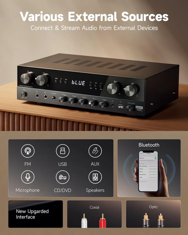 Alt view image 3 of 6 - Stereo Receivers Home Audio Amplifier, Premium 1000W Peak Power 4 Channel Amplifier with Bluetooth 5.3, USB, FM, 2 Mic-in, Echo, RCA, Optical/Coaxial Input for Home, Karaoke, Theater Speakers