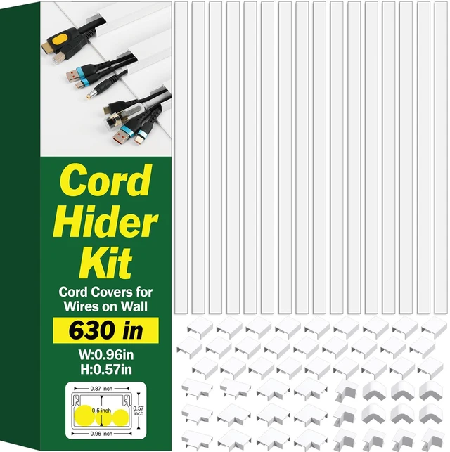 Main image of Cord Hider Kit, 630in Cord Covers for Wires on Wall, Paintable Wire Covers for Cords on Wall, Self-Adhesive Cable Hider Cord Organizer, Wire Hiders, 40X L15.75in X W0.96in x H0.57in