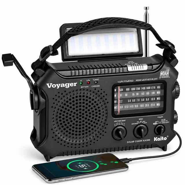 Main image of KA500 5-way Powered Emergency AM/FM/SW NOAA Weather Alert Radio with Solar,Dynamo Crank,Flashlight and Reading Lamp, Color Black
