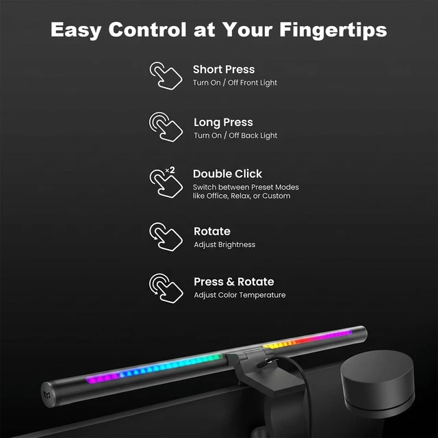 Alt view image 7 of 7 - Monitor Light Bar RGB Backlight, Ra98 Computer Lamp Works with Matter & Alexa for Home Office Gaming, 350LM Dimmable No Glare Eye-Care LED Screen Bar, USB Desk Lamp Stepless Dimming