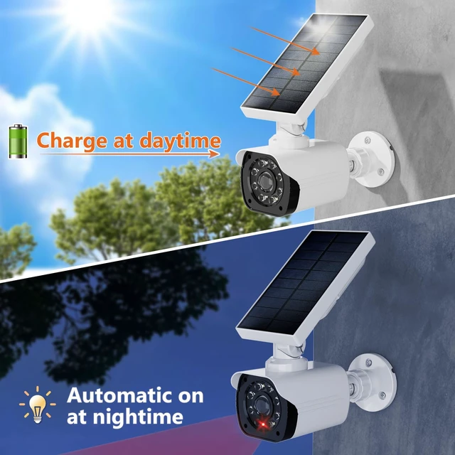 Alt view image 2 of 7 - Solar Powered Fake Camera with Motion Sensor Floodlight, 1 Pack, White Dummy Cameras for Outside, Wireless Simulated Cam, Realistic Look, Larger Solar Panel, Weatherproof, Warning Sticker Included