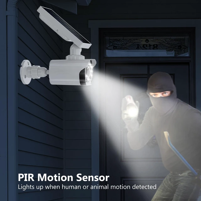 Alt view image 3 of 7 - Solar Powered Fake Camera with Motion Sensor Floodlight, 1 Pack, White Dummy Cameras for Outside, Wireless Simulated Cam, Realistic Look, Larger Solar Panel, Weatherproof, Warning Sticker Included