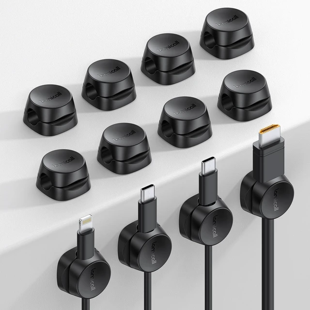 Main image of 12 Pack Spring Cord Organizer Clips, Cable Management for Desk Office Accessories, Dorm Room Bedroom Nightstand Adhesive Phone Charger Cord Holder Wire Keeper, Black