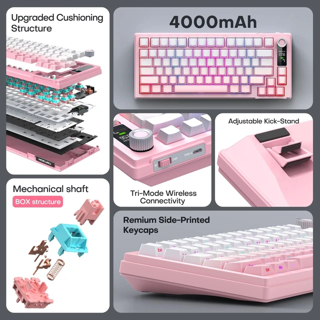 Alt view image 2 of 7 - Wireless Mechanical Keyboard, Three Mode BT/2.4G/USB-C, RGB Switching, 75% Key Layout, Volume Adjustment knob, Hot Swappable Shaft Seat, Compatible with Windows, Mac (Pink Gradient)
