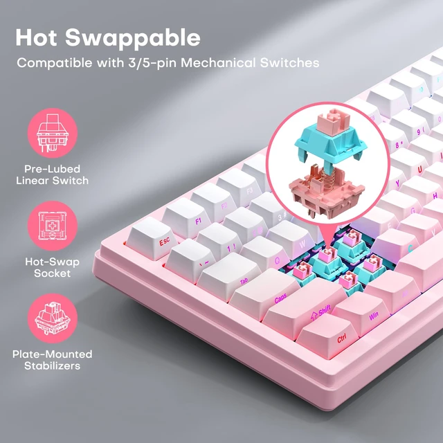 Alt view image 3 of 7 - Wireless Mechanical Keyboard, Three Mode BT/2.4G/USB-C, RGB Switching, 75% Key Layout, Volume Adjustment knob, Hot Swappable Shaft Seat, Compatible with Windows, Mac (Pink Gradient)