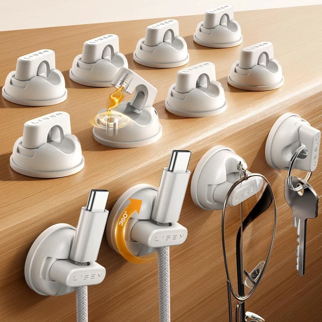 Main image of 12-Pack Rotatable Cord Holder for Nightstand, 360°Rotating Magnetic Clips, No-Residue Strong Adhesive Cord Organizer for Desk, Phone Cord Holder for Home, Car, Office Desk Accessories, White