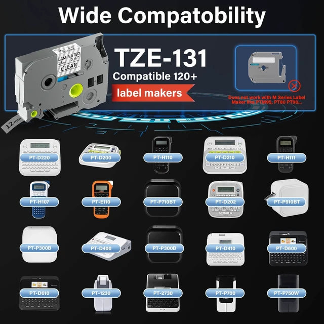 Alt view image 2 of 7 - TZE-131 Compatible for Brother Clear Label Maker Tape 12mm 0.47 Laminated Replacement for TZ TZE TZE131 1/2" 8m Tape for P-Touch PT-D220 PTD220 PT-D210 PT-H110 PT-D200 PT-D400 Black on Clear (6 Packs)