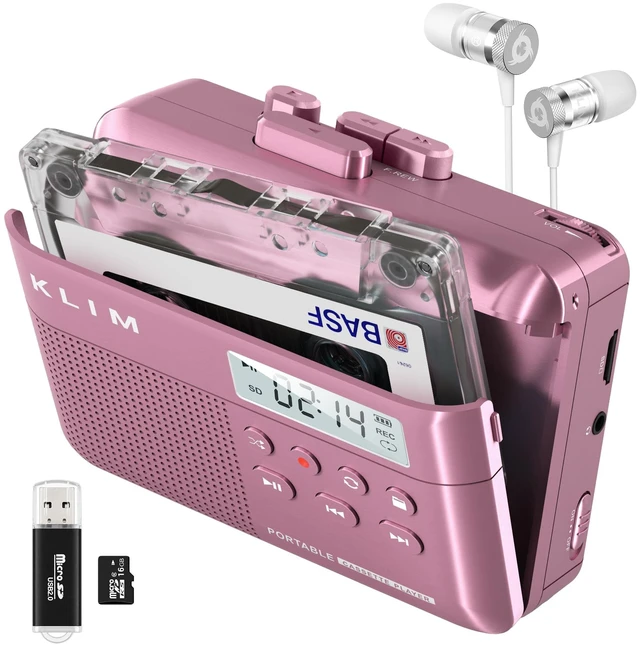 Main image of K7 Cassette Player, Converts Tapes to MP3, Built-in Microphone, 16GB Card Doubles as an Audio Recorder with Onboard Speaker, Rechargeable Battery and Included Earphones - Pink
