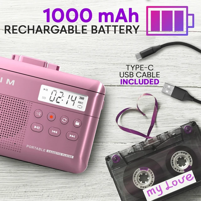 Alt view image 5 of 7 - K7 Cassette Player, Converts Tapes to MP3, Built-in Microphone, 16GB Card Doubles as an Audio Recorder with Onboard Speaker, Rechargeable Battery and Included Earphones - Pink