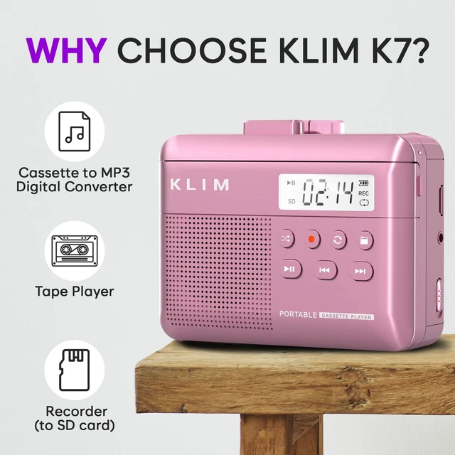 Alt view image 2 of 7 - K7 Cassette Player, Converts Tapes to MP3, Built-in Microphone, 16GB Card Doubles as an Audio Recorder with Onboard Speaker, Rechargeable Battery and Included Earphones - Pink