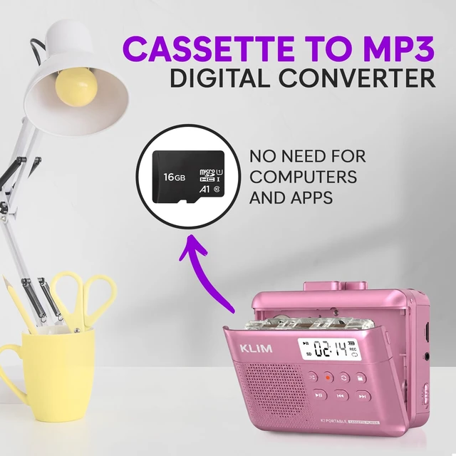 Alt view image 3 of 7 - K7 Cassette Player, Converts Tapes to MP3, Built-in Microphone, 16GB Card Doubles as an Audio Recorder with Onboard Speaker, Rechargeable Battery and Included Earphones - Pink