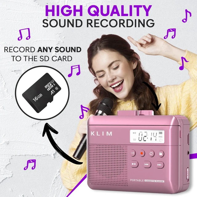 Alt view image 4 of 7 - K7 Cassette Player, Converts Tapes to MP3, Built-in Microphone, 16GB Card Doubles as an Audio Recorder with Onboard Speaker, Rechargeable Battery and Included Earphones - Pink