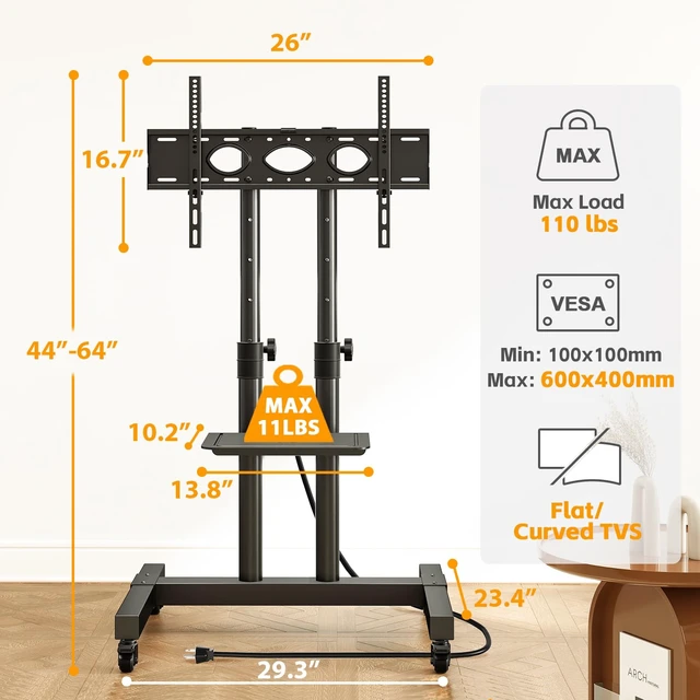 Alt view image 6 of 7 - Heavy Duty Rolling TV Stand with Power Outlet for 32-83 Inch TVs