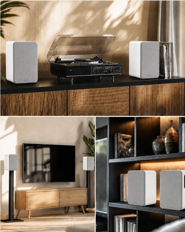 Alt view image 6 of 7 - White Powered Bookshelf Speakers: 5-Inch Stereo for PC and Office Leather-Textured Finish - USB Digital Audio for Computers; BT5.4/RCA/AUX; 1-Inch Silk-Dome Tweeters + Bass/Treble + Remote