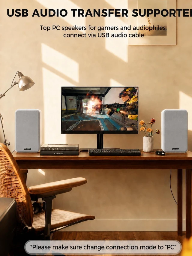 Alt view image 4 of 7 - White Powered Bookshelf Speakers: 5-Inch Stereo for PC and Office Leather-Textured Finish - USB Digital Audio for Computers; BT5.4/RCA/AUX; 1-Inch Silk-Dome Tweeters + Bass/Treble + Remote