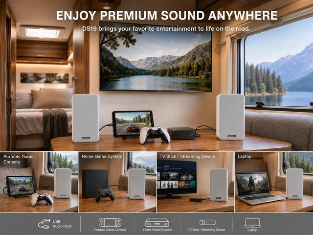 Alt view image 7 of 7 - White Powered Bookshelf Speakers: 5-Inch Stereo for PC and Office Leather-Textured Finish - USB Digital Audio for Computers; BT5.4/RCA/AUX; 1-Inch Silk-Dome Tweeters + Bass/Treble + Remote