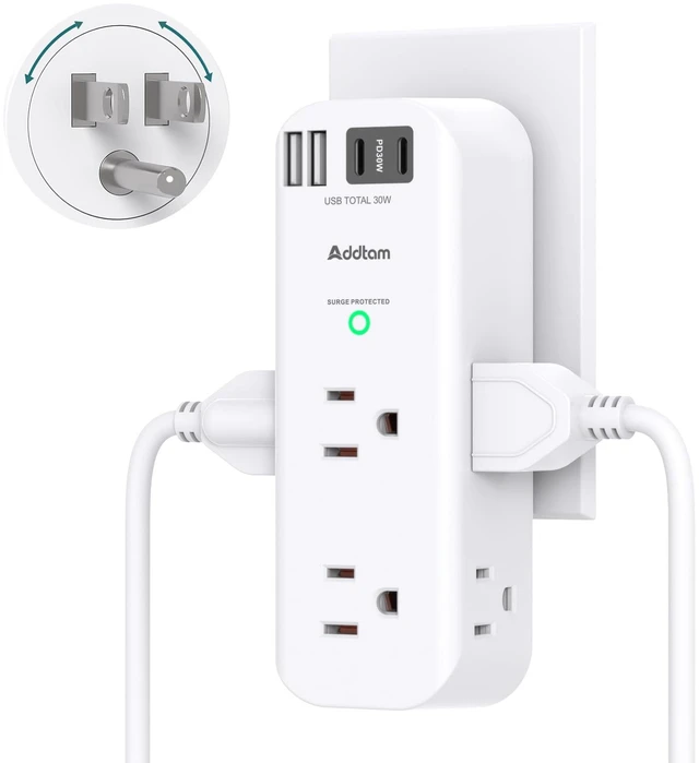 Main image of 30W USB C Outlet Extender Surge Protector, Rotating Plug 6 AC Outlets Splitter, 4 USB Ports (2 USB-C), 1800J Wall Mount Power Strip, 3-Side Multi Plug for Dorm, Travel Essentials