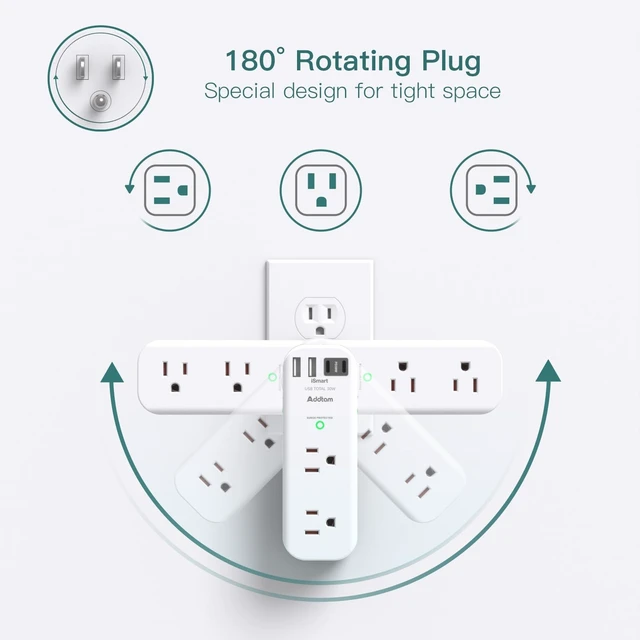 Alt view image 4 of 7 - 30W USB C Outlet Extender Surge Protector, Rotating Plug 6 AC Outlets Splitter, 4 USB Ports (2 USB-C), 1800J Wall Mount Power Strip, 3-Side Multi Plug for Dorm, Travel Essentials