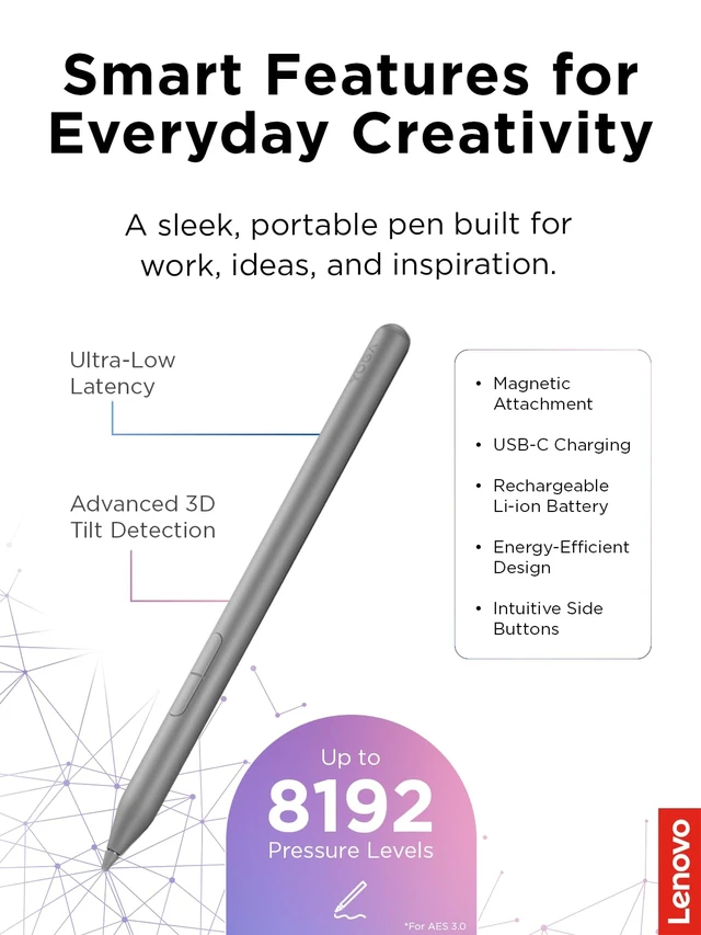 Alt view image 3 of 6 - Yoga Pen 2 with Magnetic Pen Case, AES 3.0 Stylus with 8192 Pressure Levels, USB C Rechargeable, Tilt Detection, Multi Protocol Support for Yoga 2 in 1 PCs, Luna Grey
