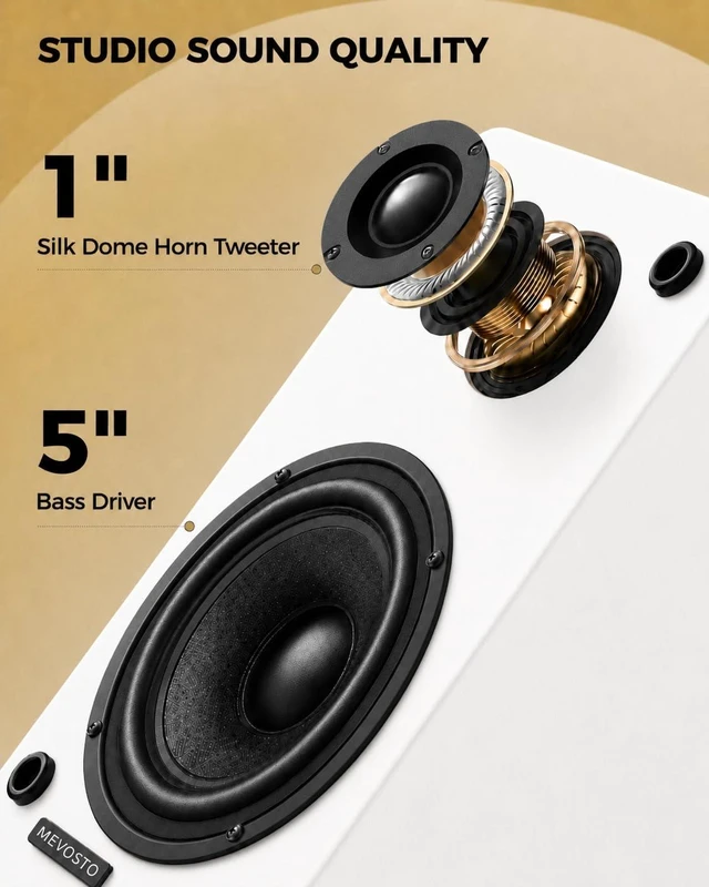 Alt view image 2 of 7 - White Powered Bookshelf Speakers: 5-Inch Stereo for PC and Office Leather-Textured Finish - USB Digital Audio for Computers; BT5.4/RCA/AUX; 1-Inch Silk-Dome Tweeters + Bass/Treble + Remote