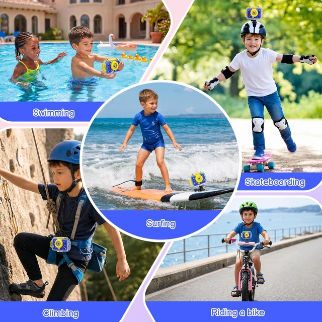 Alt view image 6 of 7 - Kids Waterproof Underwater Camera 1080P 4X Zoom 2"IPS Screen 32GB Card 20MP Built in Fun Frames Pool Toy Equipped with Swimming Cycling Skiing Accessories Christmas Birthday Gift for Boys Age 3-12