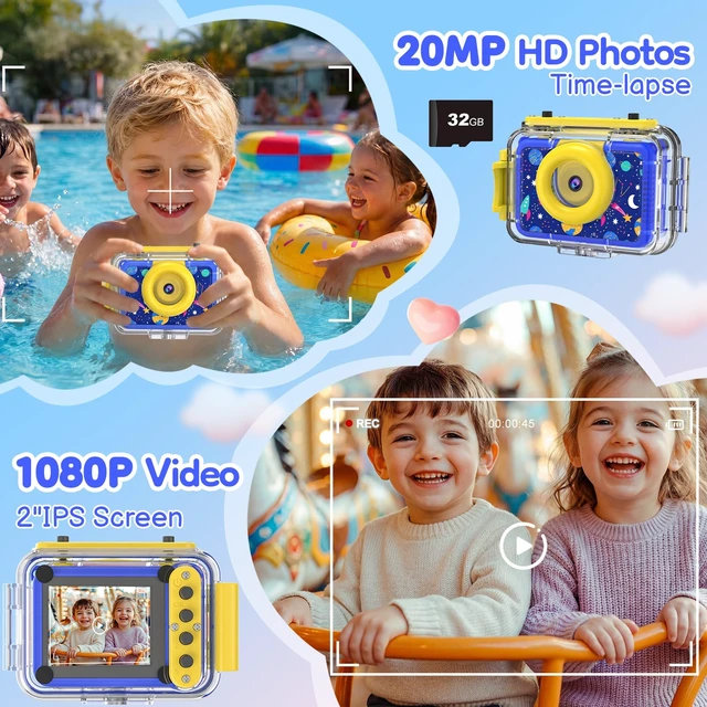 Alt view image 7 of 7 - Kids Waterproof Underwater Camera 1080P 4X Zoom 2"IPS Screen 32GB Card 20MP Built in Fun Frames Pool Toy Equipped with Swimming Cycling Skiing Accessories Christmas Birthday Gift for Boys Age 3-12
