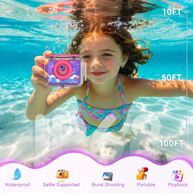 Alt view image 2 of 7 - Kids Waterproof Underwater Camera 1080P 4X Zoom 2"IPS Screen 32GB Card 20MP Built in Fun Frames Pool Toy Equipped with Swimming Cycling Skiing Accessories Christmas Birthday Gift for Girl Age 3-12