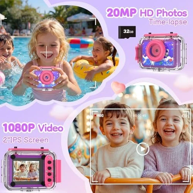 Alt view image 5 of 7 - Kids Waterproof Underwater Camera 1080P 4X Zoom 2"IPS Screen 32GB Card 20MP Built in Fun Frames Pool Toy Equipped with Swimming Cycling Skiing Accessories Christmas Birthday Gift for Girl Age 3-12