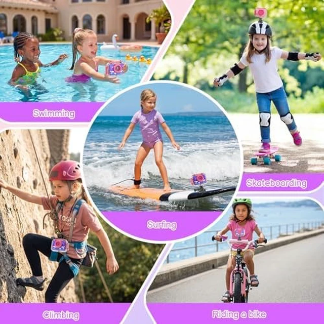 Alt view image 7 of 7 - Kids Waterproof Underwater Camera 1080P 4X Zoom 2"IPS Screen 32GB Card 20MP Built in Fun Frames Pool Toy Equipped with Swimming Cycling Skiing Accessories Christmas Birthday Gift for Girl Age 3-12
