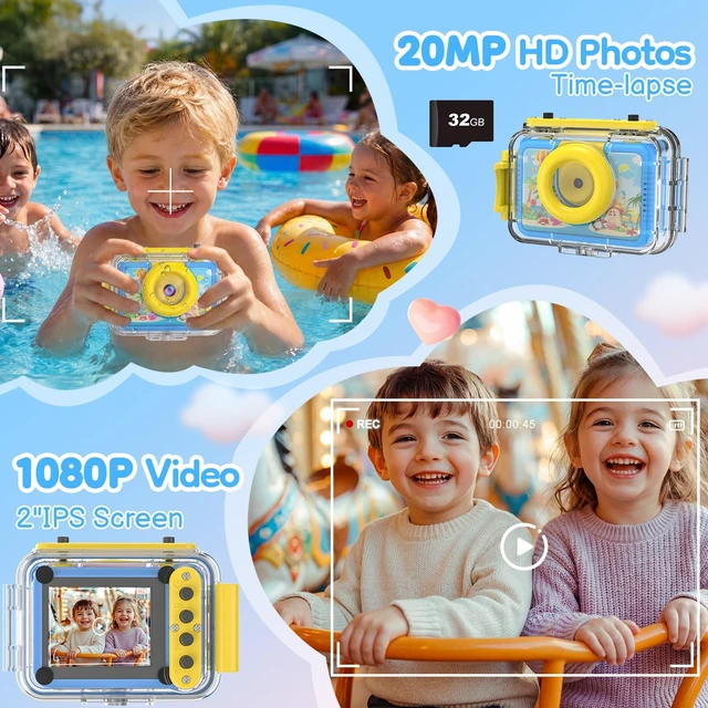 Alt view image 7 of 7 - Kids Waterproof Underwater Camera 1080P 4X Zoom 2"IPS Screen 32GB Card 20MP Built in Fun Frames Pool Toy Equipped with Swimming Cycling Skiing Accessories Christmas Birthday Gift for Boys Age 3-12