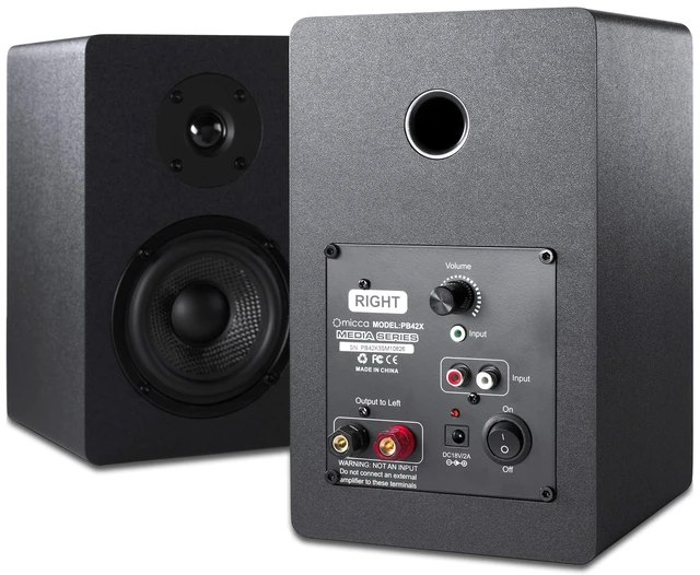 Alt view image 7 of 7 - PB42X Powered Bookshelf Speakers, 30W RMS, Desktop Stereo Pair, Black 2-Way, 4-Inch Carbon-Fiber Woofer, 0.75-Inch Silk-Dome Tweeter, RCA AUX Inputs, Active Near Field Studio Monitor