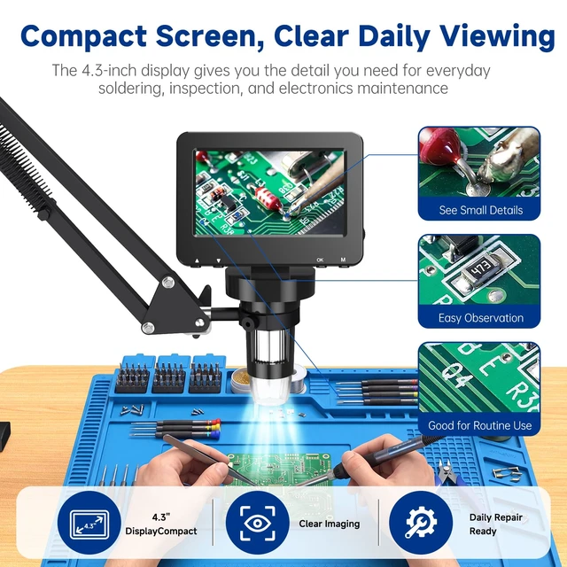 Alt view image 5 of 7 - 4.3 Inch Digital Soldering Microscope with C-Clamp For PCB repair and soldering checks; compact clamp setup keeps both hands free, and the screen works without a computer