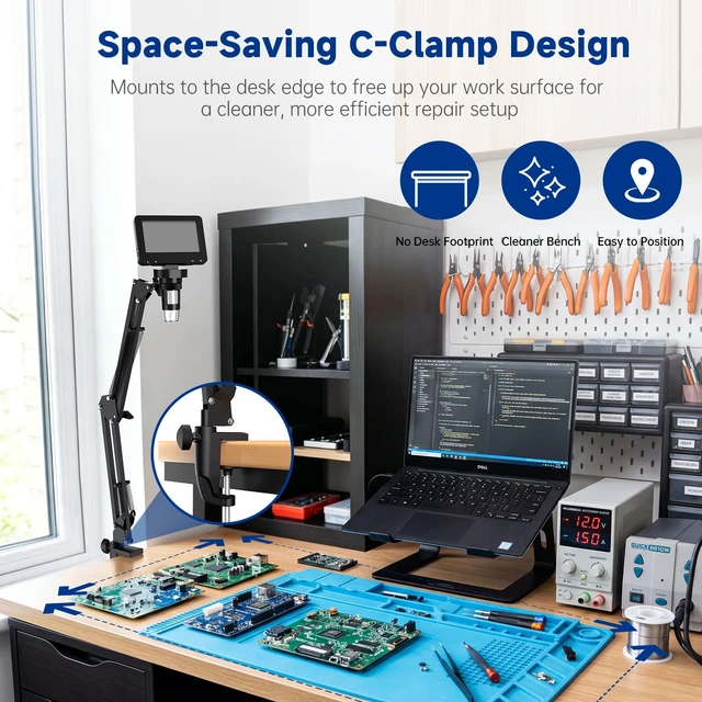Alt view image 3 of 7 - 4.3 Inch Digital Soldering Microscope with C-Clamp For PCB repair and soldering checks; compact clamp setup keeps both hands free, and the screen works without a computer