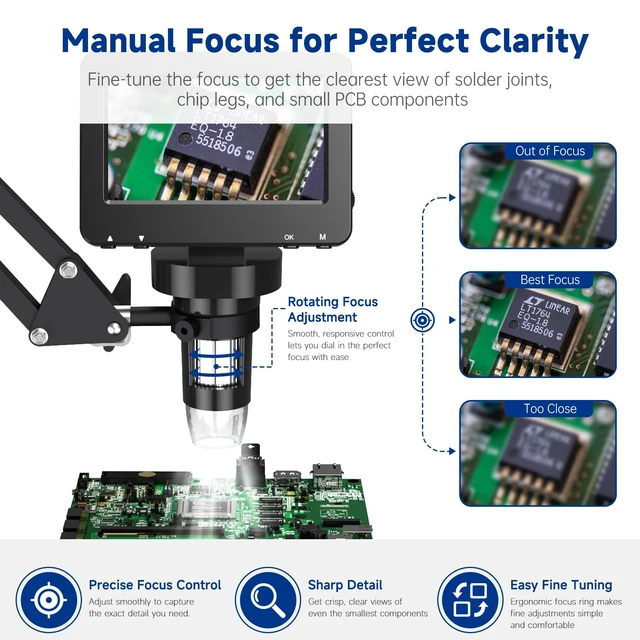 Alt view image 6 of 7 - 4.3 Inch Digital Soldering Microscope with C-Clamp For PCB repair and soldering checks; compact clamp setup keeps both hands free, and the screen works without a computer