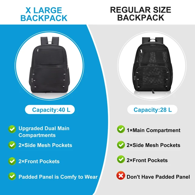 Alt view image 6 of 7 - Mesh Backpack Heavy Duty, 40L Large See Through Mesh Beach Bag Breathable Heavy Duty Backpack for Hiking, Swimming, Beach, Outdoor Sports, Rucksack Daypack for Men Women, Black Plus-40L
