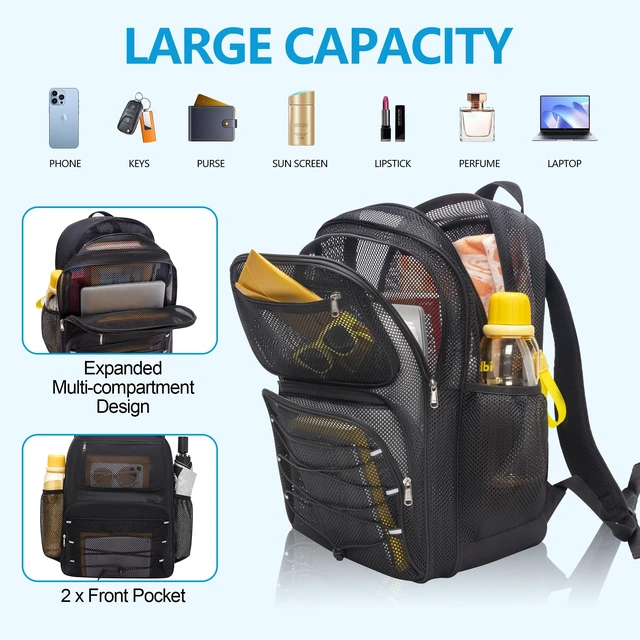 Alt view image 4 of 7 - Mesh Backpack Heavy Duty, 40L Large See Through Mesh Beach Bag Breathable Heavy Duty Backpack for Hiking, Swimming, Beach, Outdoor Sports, Rucksack Daypack for Men Women, Black Plus-40L