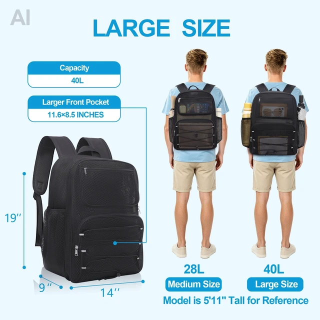 Alt view image 3 of 7 - Mesh Backpack Heavy Duty, 40L Large See Through Mesh Beach Bag Breathable Heavy Duty Backpack for Hiking, Swimming, Beach, Outdoor Sports, Rucksack Daypack for Men Women, Black Plus-40L
