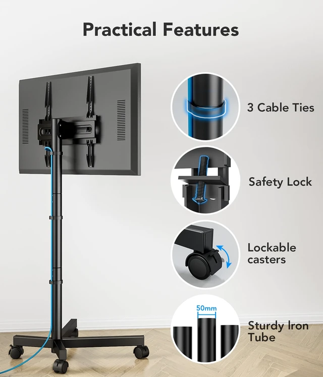 Alt view image 7 of 7 - Mobile TV Cart Stand with Wheels for 23-60" tvs, Height Adjustable, Portable Floor Stand Holds up to 88 lbs, Rolling TV Mount max VESA 400x400mm