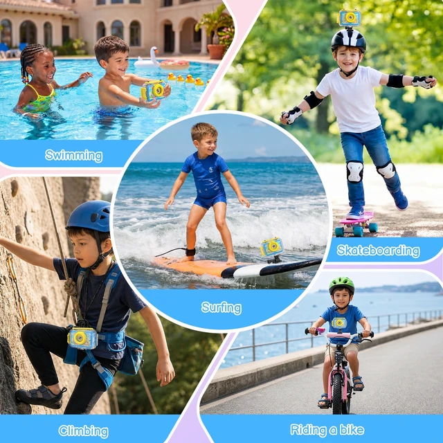Alt view image 6 of 7 - Kids Waterproof Underwater Camera 1080P 4X Zoom 2"IPS Screen 32GB Card 20MP Built in Fun Frames Pool Toy Equipped with Swimming Cycling Skiing Accessories Christmas Birthday Gift for Boys Age 3-12